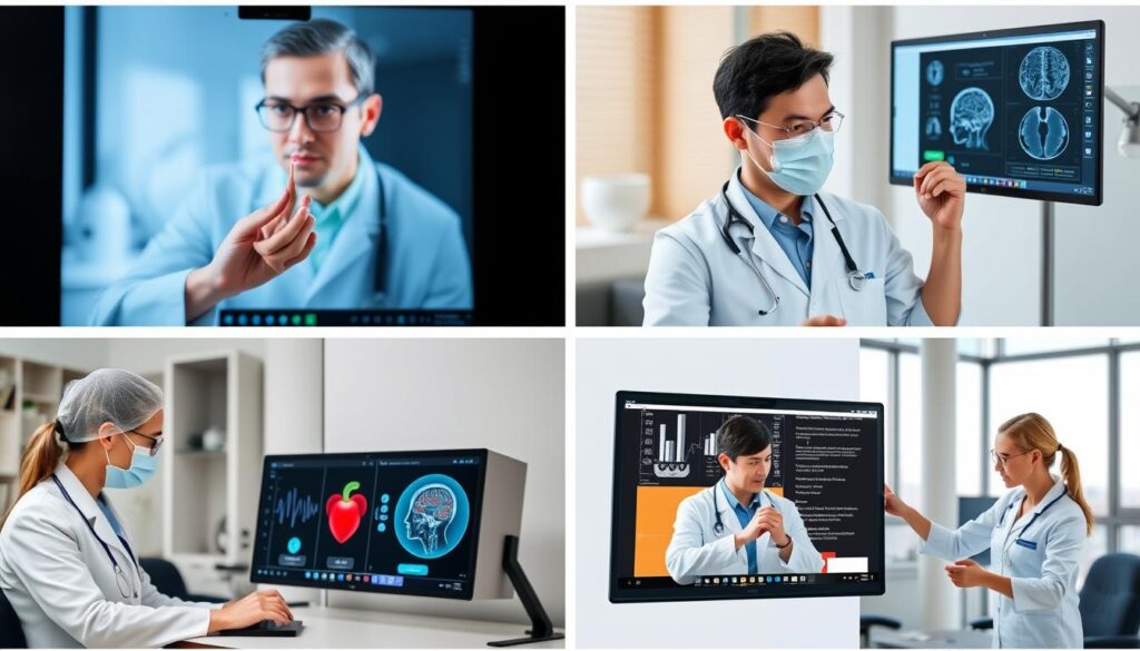 Collage showing telemedicine being used across different medical specialties Collage showing telemedicine being used across different medical specialties