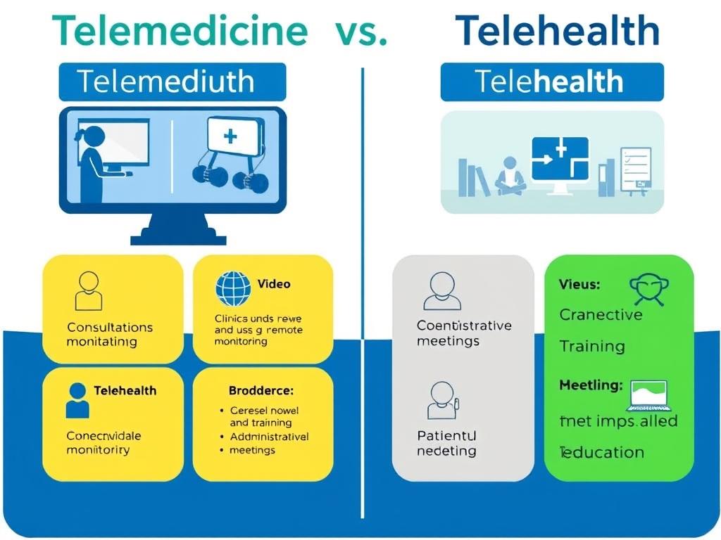 Comparison diagram showing the difference between telemedicine and telehealth services Comparison diagram showing the difference between telemedicine and telehealth services