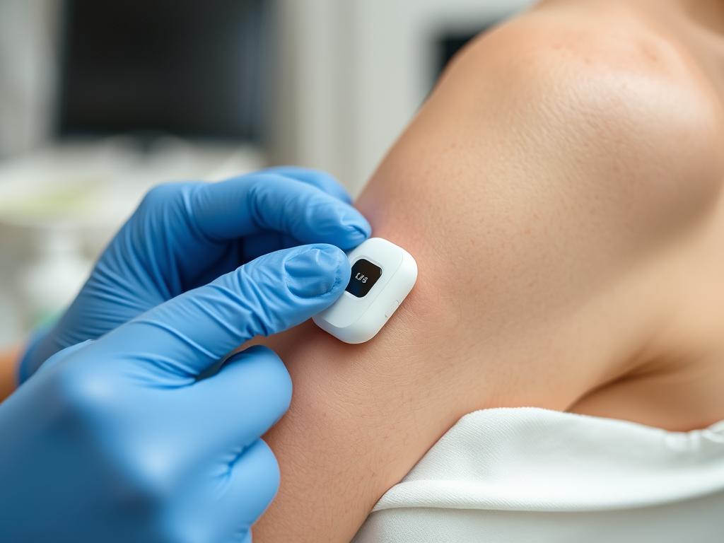 Continuous glucose monitor being applied to arm for diabetes management Continuous glucose monitor being applied to arm for diabetes management