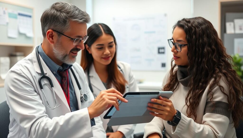 Doctor and patient reviewing health wearable data during consultation Doctor and patient reviewing health wearable data during consultation