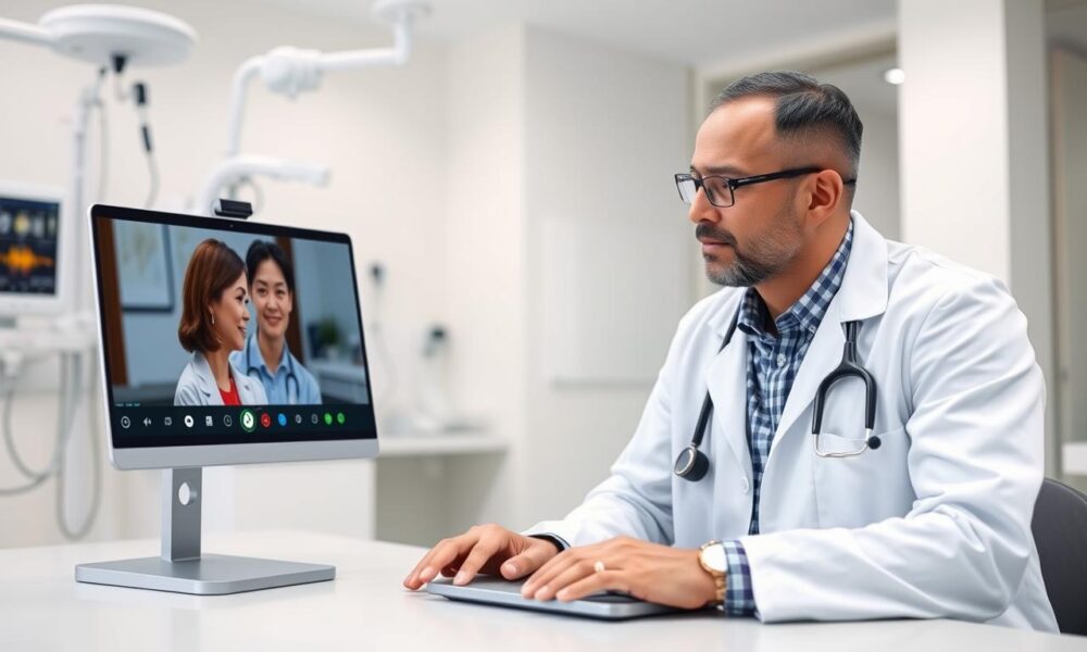 Doctor conducting a telemedicine video consultation with patient on laptop