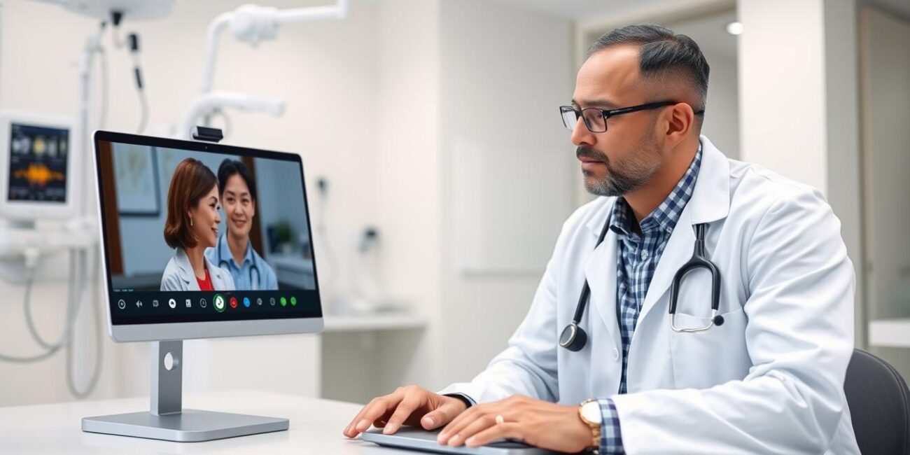 Doctor conducting a telemedicine video consultation with patient on laptop