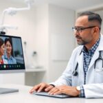 Doctor conducting a telemedicine video consultation with patient on laptop