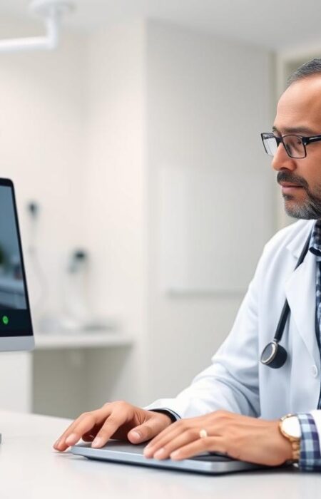 Doctor conducting a telemedicine video consultation with patient on laptop