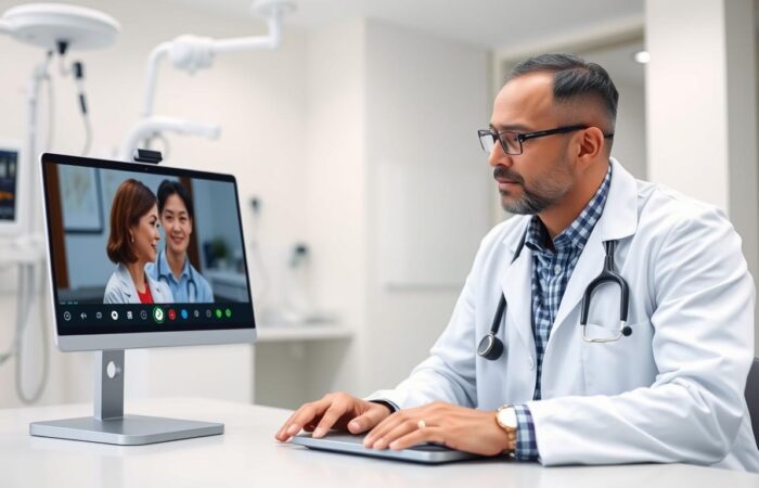 Doctor conducting a telemedicine video consultation with patient on laptop