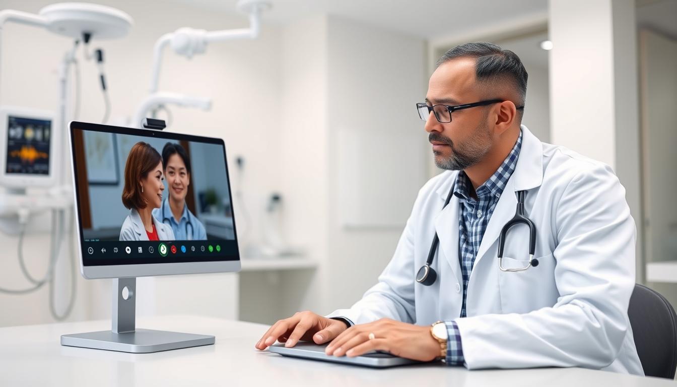 Doctor conducting a telemedicine video consultation with patient on laptop