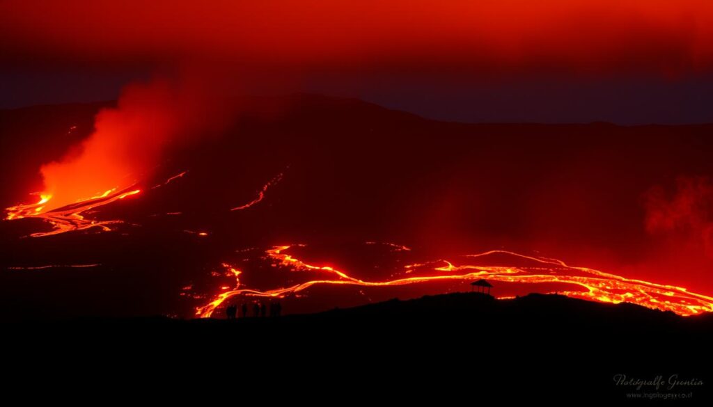 Fagradalsfjall volcano eruption in Iceland with tourists viewing from safe distance, natural phenomena tourism