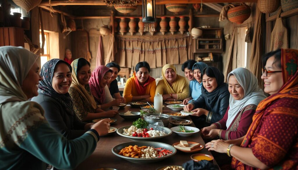 Group of diverse travelers sharing a meal with local craft artisans Group of diverse travelers sharing a meal with local craft artisans