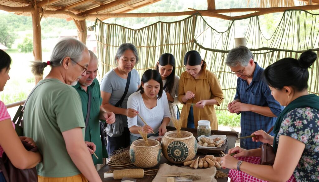 Group of travelers participating in a traditional craft workshop in rural setting Group of travelers participating in a traditional craft workshop in rural setting
