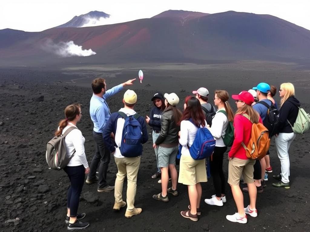 Guided tour group at Mount Etna with volcanic activity visible in background, natural phenomena tourism