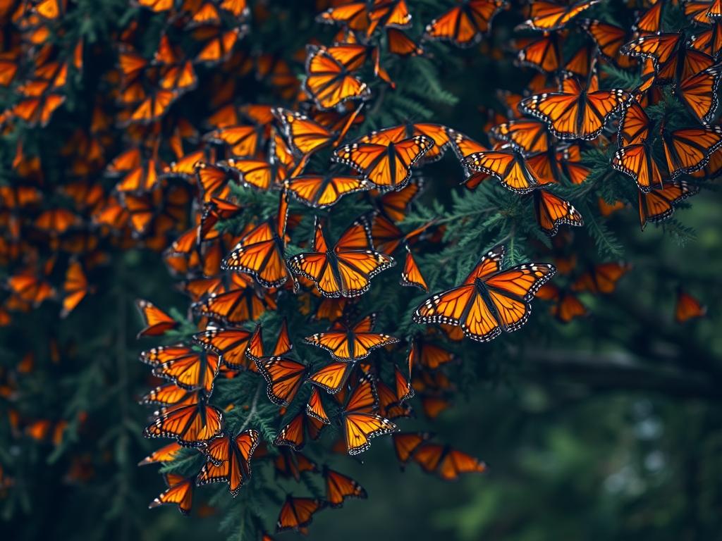 Monarch butterflies clustered on trees in Mexico, natural phenomena tourism destination