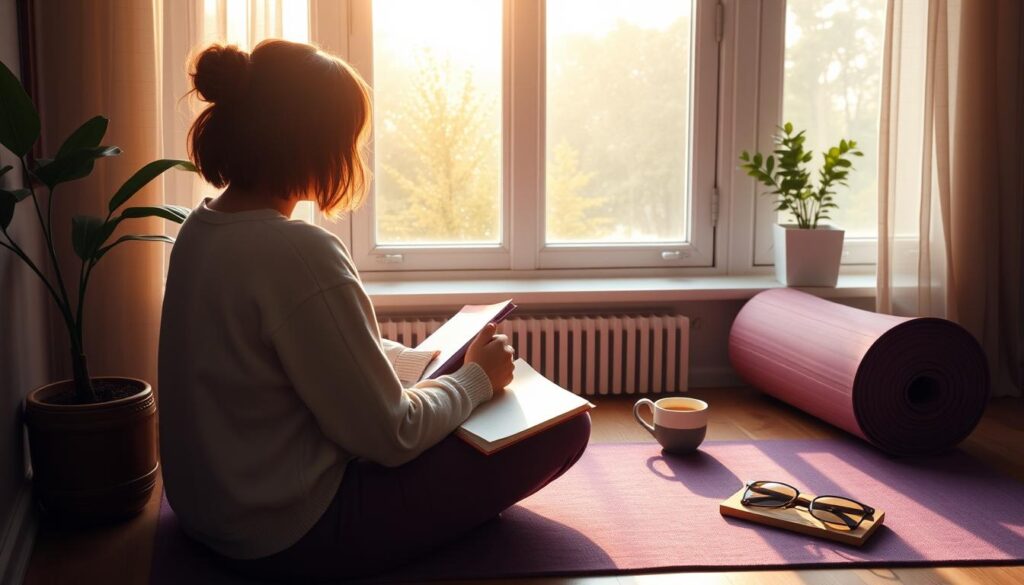 Person integrating mental health practices into morning routine Person integrating mental health practices into morning routine
