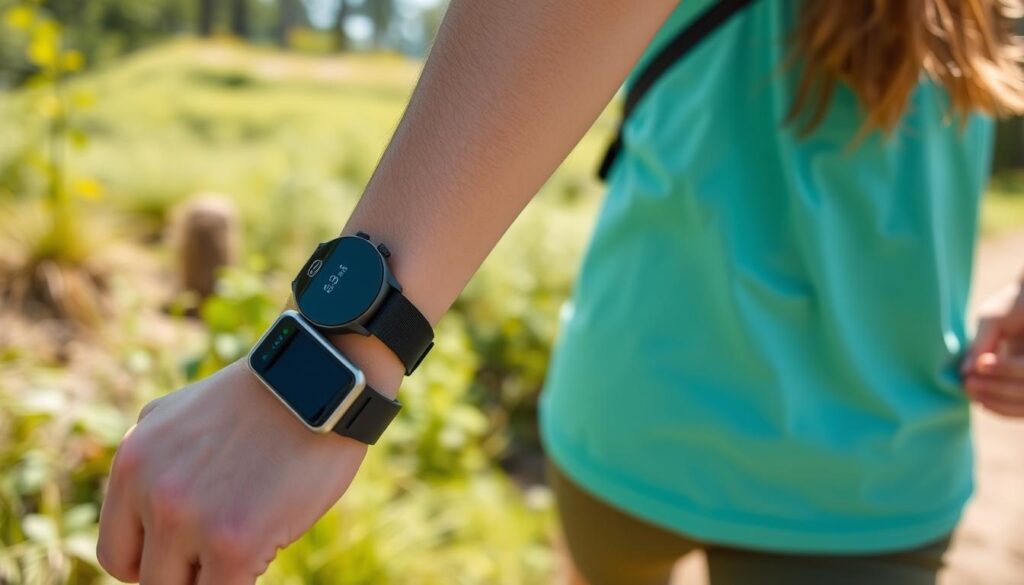 Person living active lifestyle while wearing health monitoring device Person living active lifestyle while wearing health monitoring device