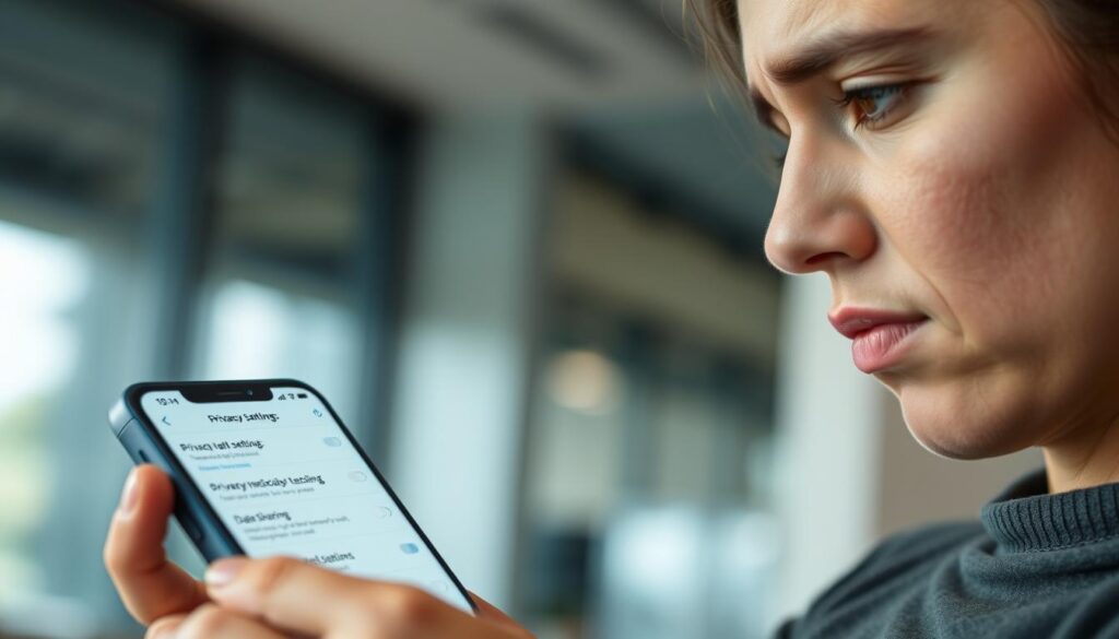 Person looking concerned while reviewing privacy settings on health app Person looking concerned while reviewing privacy settings on health app