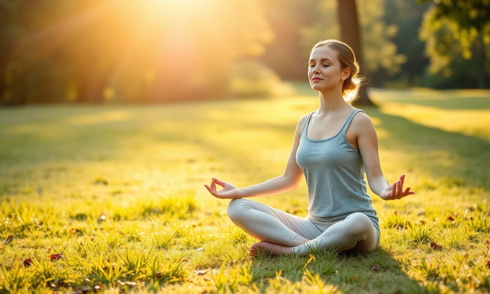 Person meditating outdoors for mental health awareness