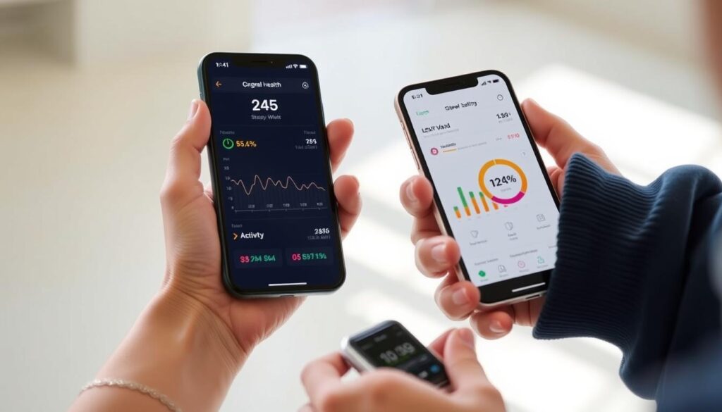 Person reviewing health data from wearable device on smartphone app Person reviewing health data from wearable device on smartphone app