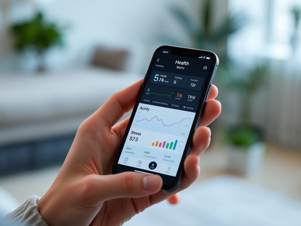 Person reviewing health metrics dashboard on smartphone app Person reviewing health metrics dashboard on smartphone app