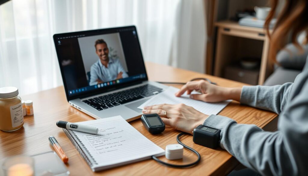 Person setting up for a telemedicine appointment at home with laptop and medical devices Person setting up for a telemedicine appointment at home with laptop and medical devices