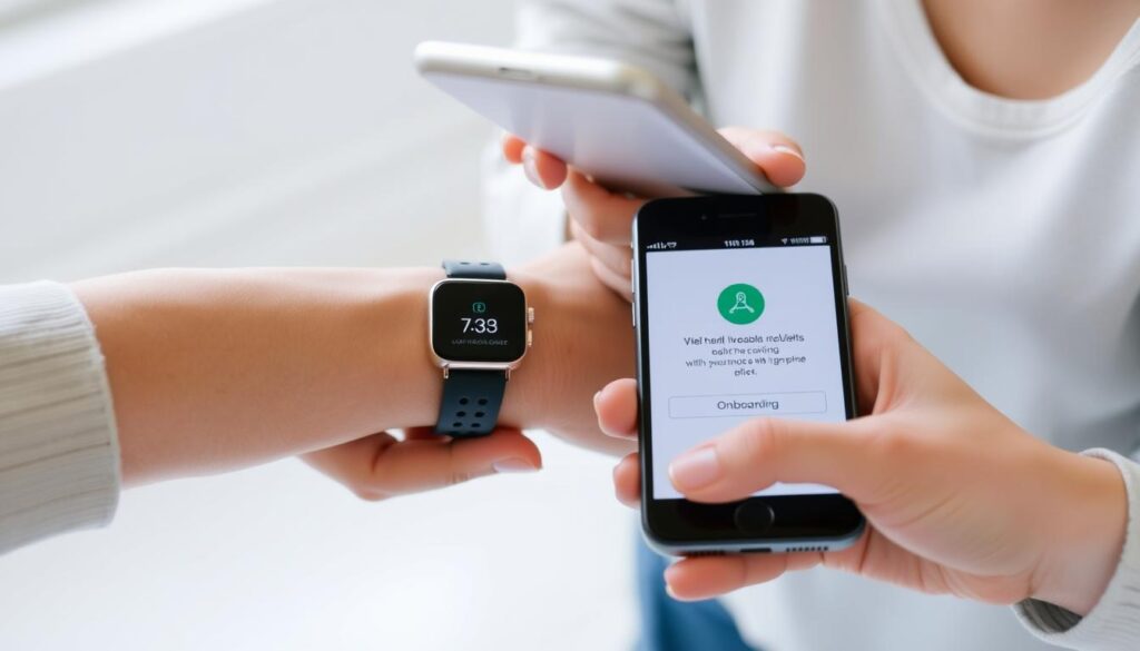 Person setting up new health wearable device with smartphone Person setting up new health wearable device with smartphone