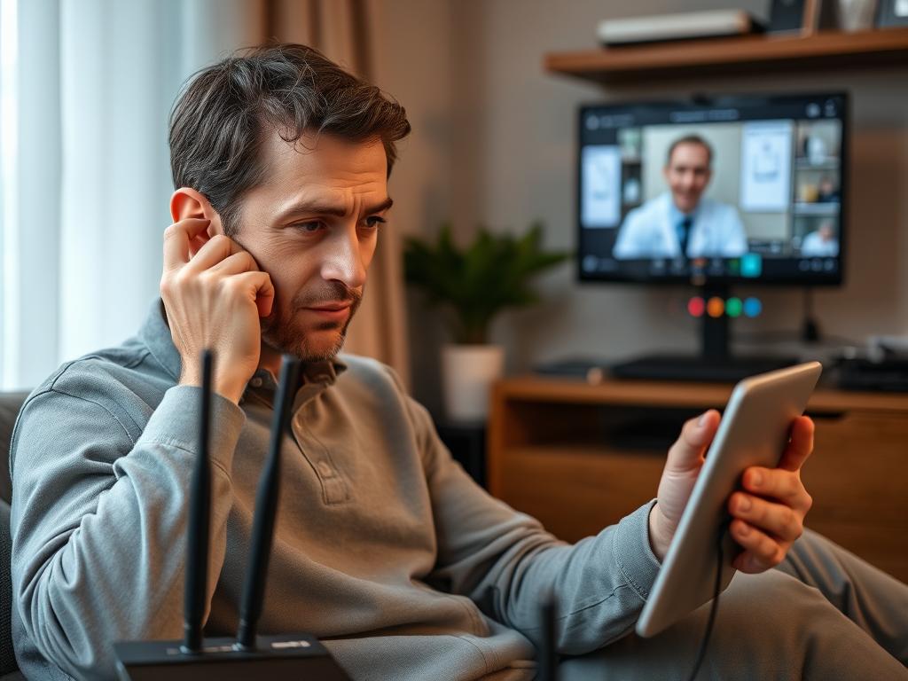 Person troubleshooting technical issues during a telemedicine call Person troubleshooting technical issues during a telemedicine call