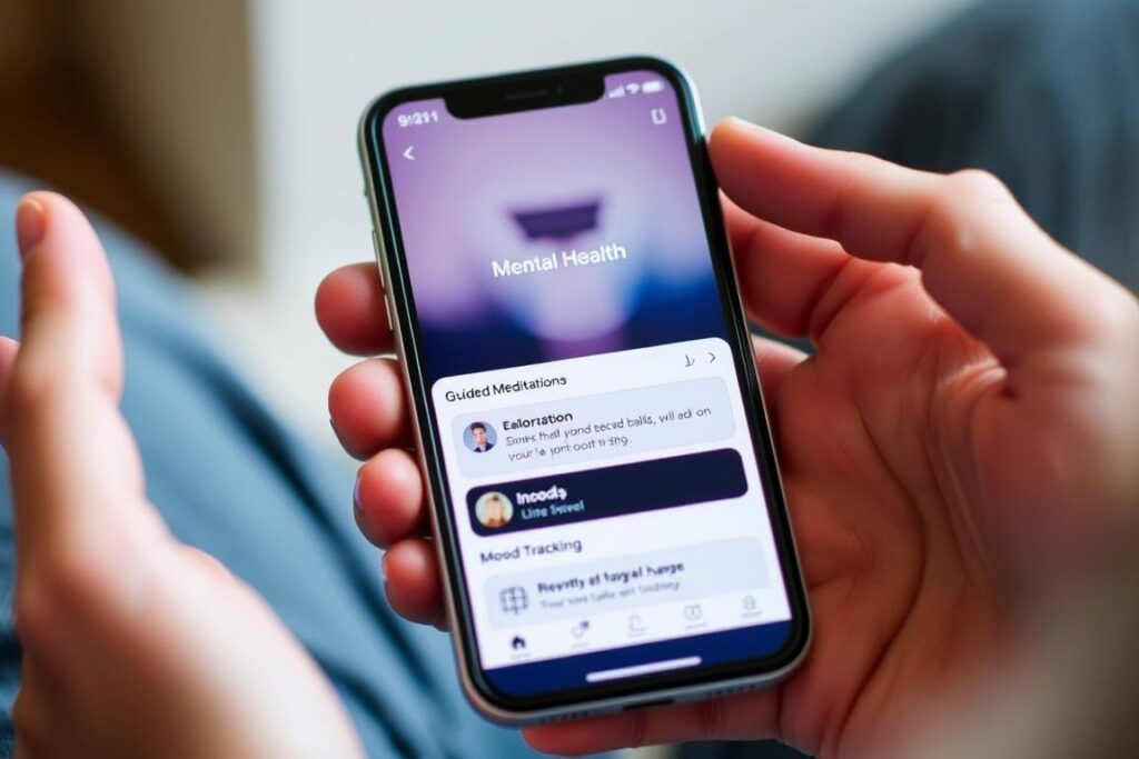 Person using mental health app on smartphone Person using mental health app on smartphone