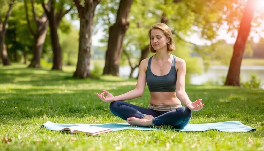 Person using stress management techniques outdoors Person using stress management techniques outdoors