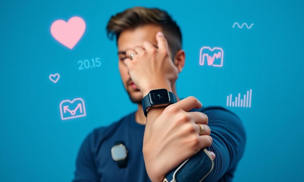 Person wearing multiple health wearables including smartwatch and fitness tracker