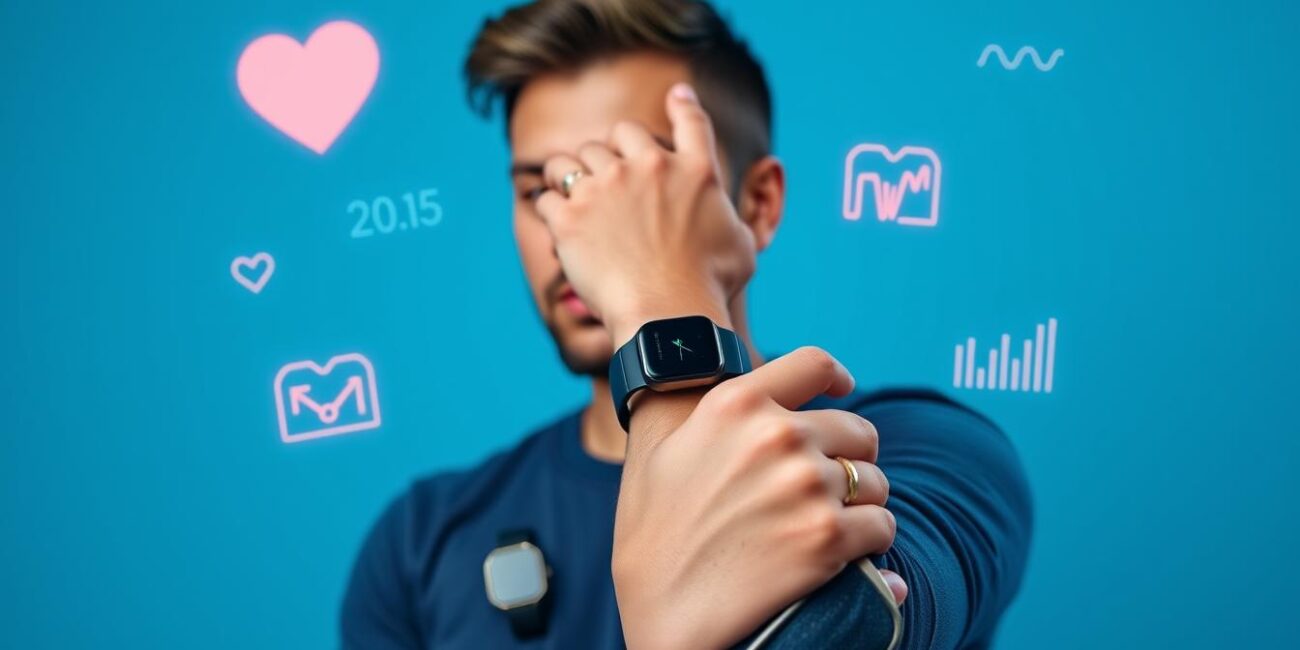 Person wearing multiple health wearables including smartwatch and fitness tracker