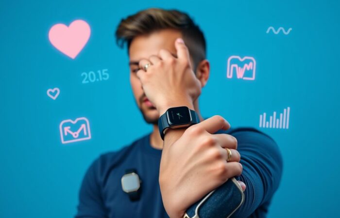 Person wearing multiple health wearables including smartwatch and fitness tracker