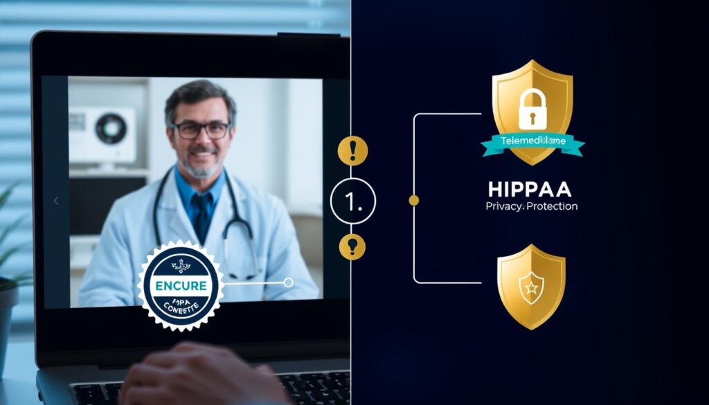 Secure telemedicine session with privacy and security elements highlighted Secure telemedicine session with privacy and security elements highlighted