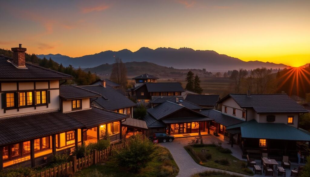 Sunset view of rural craft village with workshops and accommodation Sunset view of rural craft village with workshops and accommodation