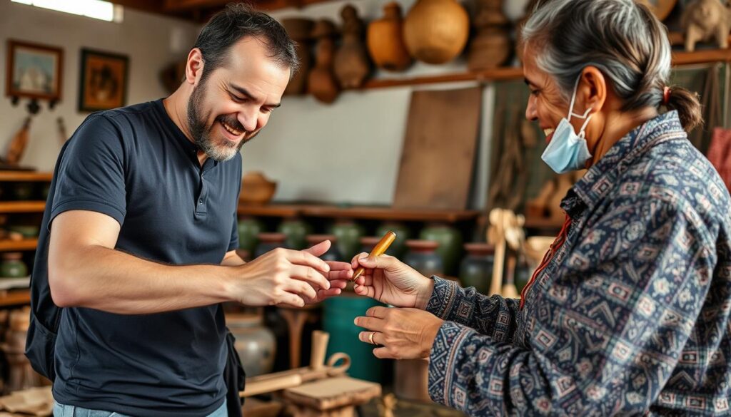 Traveler discussing craft techniques with local artisan through interpreter Traveler discussing craft techniques with local artisan through interpreter