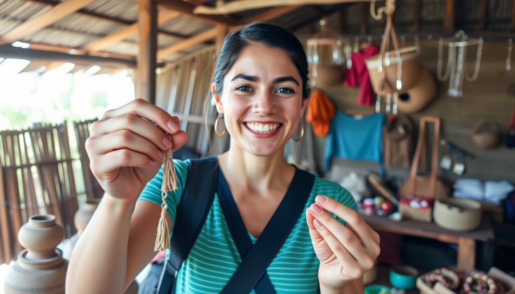 Traveler proudly displaying handmade craft created during workshop abroad Traveler proudly displaying handmade craft created during workshop abroad