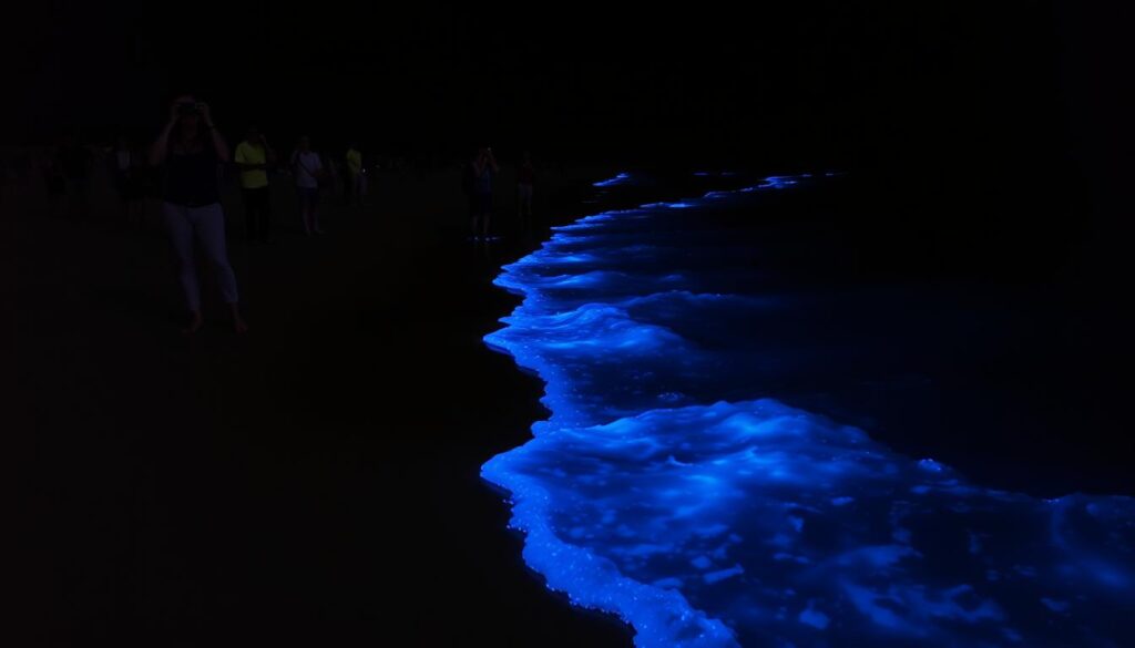 Travelers watching bioluminescent plankton on beach at night, natural phenomena tourism experience