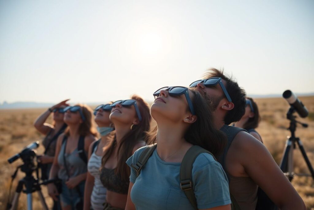 Travelers with solar glasses watching eclipse, natural phenomena tourism event