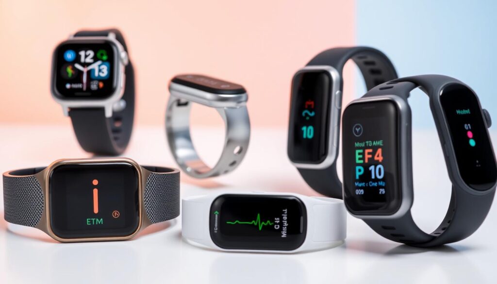 Various types of health wearables including smartwatch, ring, and patch sensors Various types of health wearables including smartwatch, ring, and patch sensors