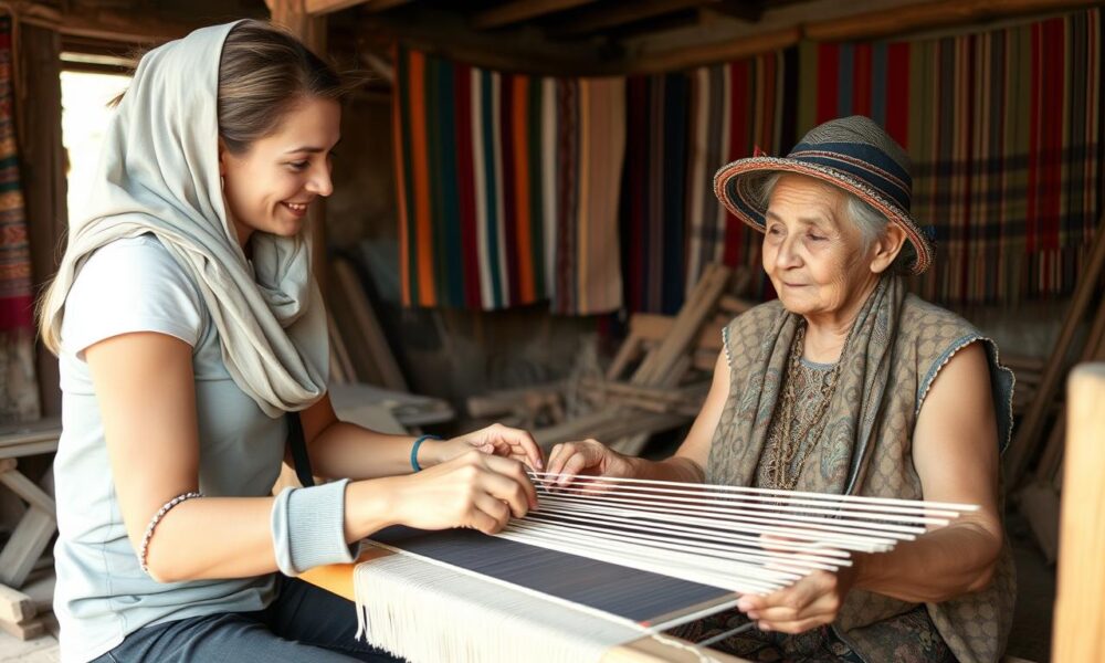 Learning Traditional Crafts Abroad: Immersive Cultural Experiences Woman learning traditional weaving techniques from local artisan in rural Peru