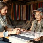 Woman learning traditional weaving techniques from local artisan in rural Peru
