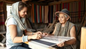 Woman learning traditional weaving techniques from local artisan in rural Peru