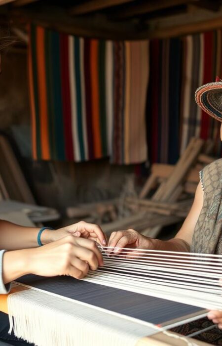 Woman learning traditional weaving techniques from local artisan in rural Peru