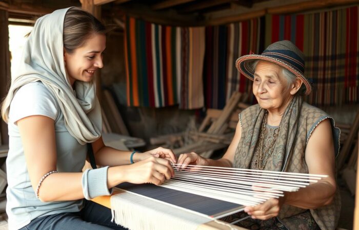 Woman learning traditional weaving techniques from local artisan in rural Peru