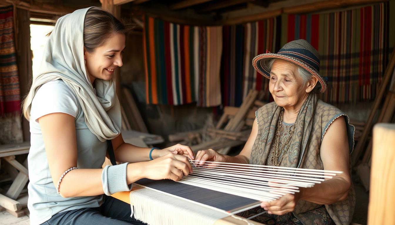 Woman learning traditional weaving techniques from local artisan in rural Peru